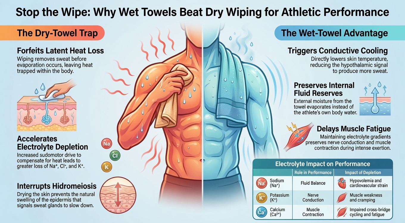 Infographic comparing dry towel and wet towel effects on athletes, showing heat loss, electrolyte depletion, and muscle fatigue